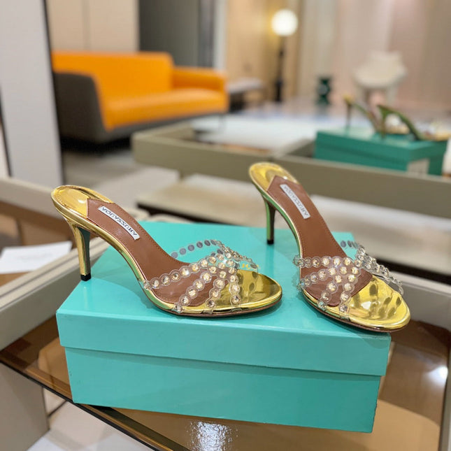AQUAZZURA 26S TEQUILA HEELED SANDALS 85 MM IN GOLD LAMBSKIN