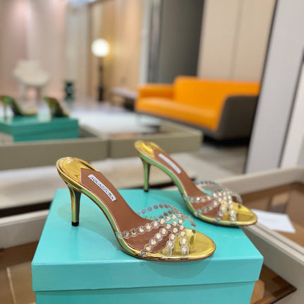 AQUAZZURA 26S TEQUILA HEELED SANDALS 85 MM IN GOLD LAMBSKIN