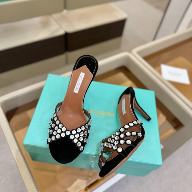 AQUAZZURA 26S TEQUILA HEELED SANDALS 85 MM IN BLACK SUEDE