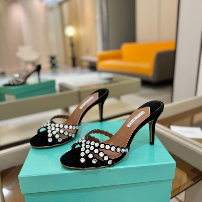 AQUAZZURA 26S TEQUILA HEELED SANDALS 85 MM IN BLACK SUEDE