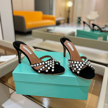 AQUAZZURA 26S TEQUILA HEELED SANDALS 85 MM IN BLACK SUEDE