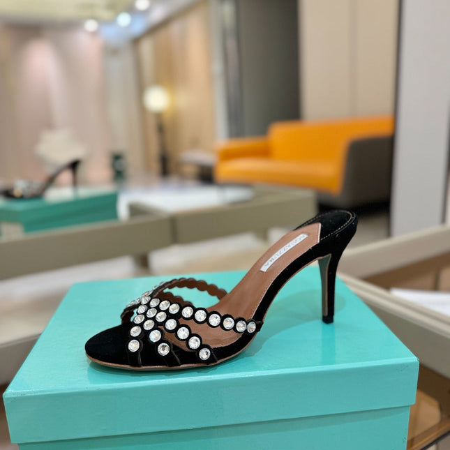 AQUAZZURA 26S TEQUILA HEELED SANDALS 85 MM IN BLACK SUEDE