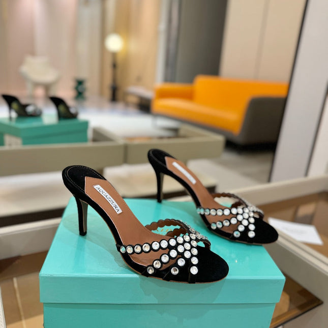 AQUAZZURA 26S TEQUILA HEELED SANDALS 85 MM IN BLACK SUEDE