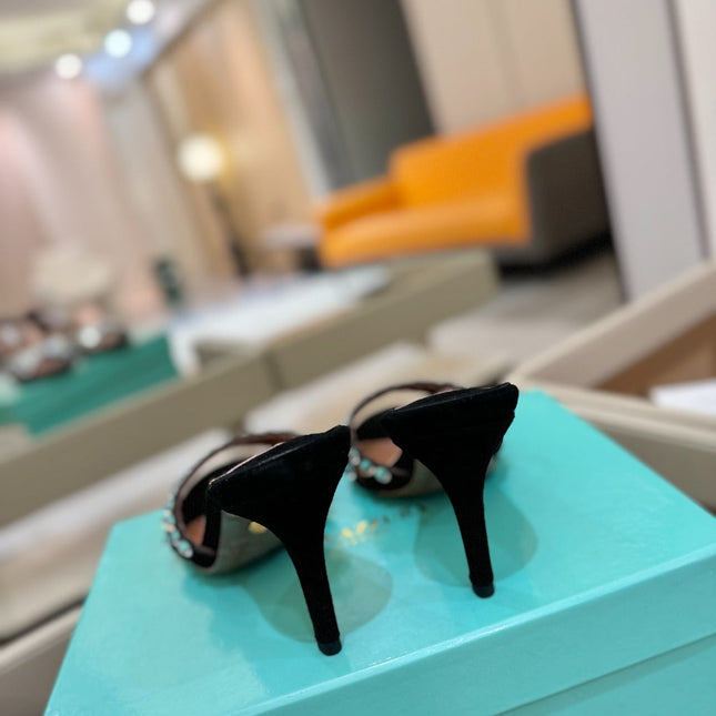 AQUAZZURA 26S TEQUILA HEELED SANDALS 85 MM IN BLACK SUEDE
