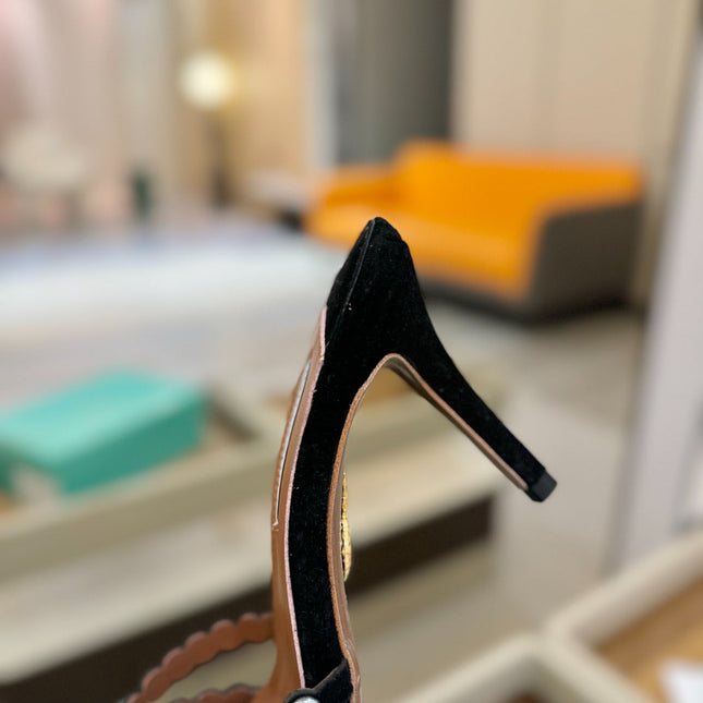 AQUAZZURA 26S TEQUILA HEELED SANDALS 85 MM IN BLACK SUEDE