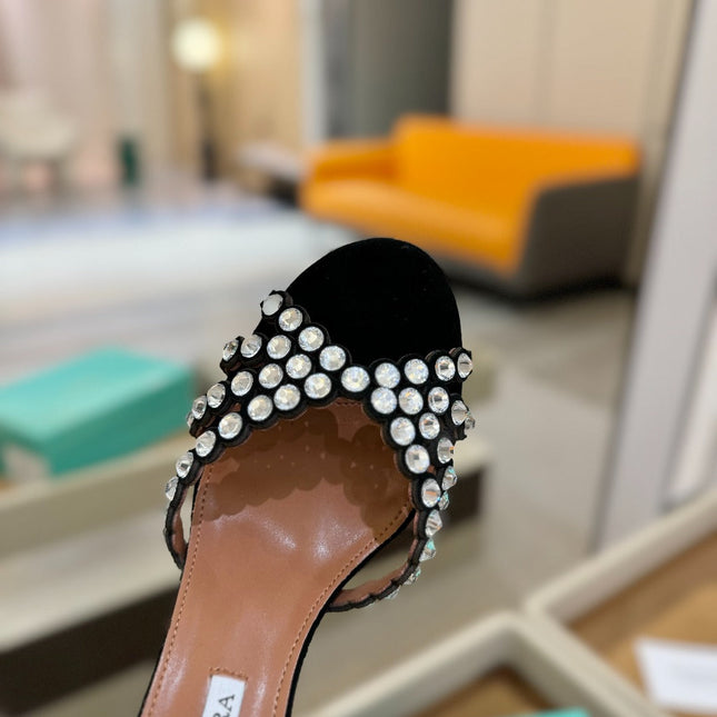 AQUAZZURA 26S TEQUILA HEELED SANDALS 85 MM IN BLACK SUEDE