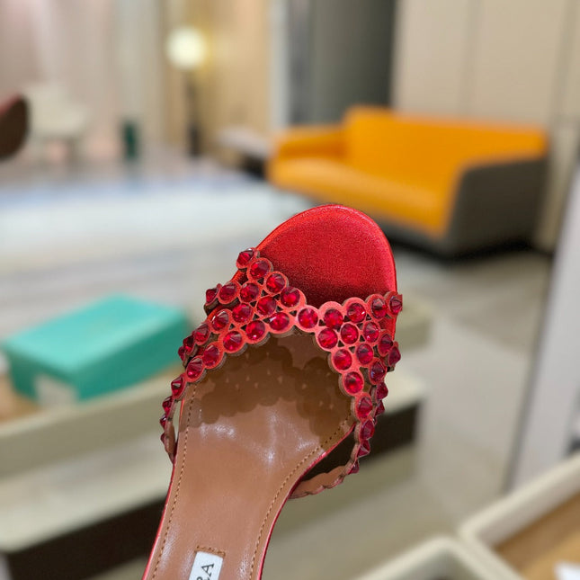 AQUAZZURA 26S TEQUILA HEELED SANDALS 85 MM IN RED LAMBSKIN