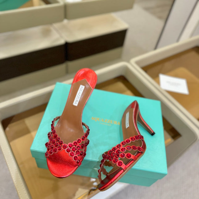 AQUAZZURA 26S TEQUILA HEELED SANDALS 85 MM IN RED LAMBSKIN