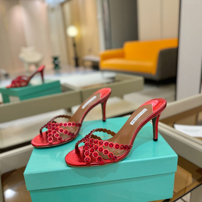 AQUAZZURA 26S TEQUILA HEELED SANDALS 85 MM IN RED LAMBSKIN