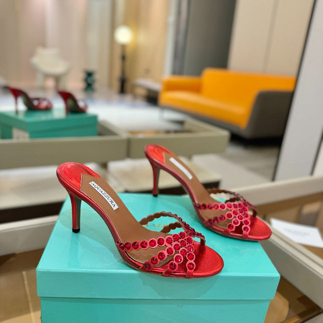 AQUAZZURA 26S TEQUILA HEELED SANDALS 85 MM IN RED LAMBSKIN
