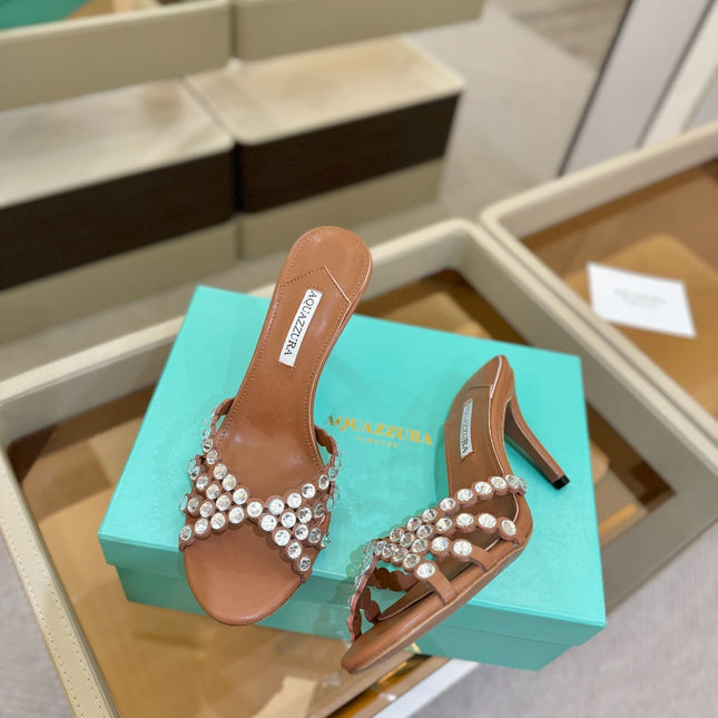 AQUAZZURA 26S TEQUILA HEELED SANDALS 85 MM IN BROWN LAMBSKIN CRYSTAL EMBELLISHED