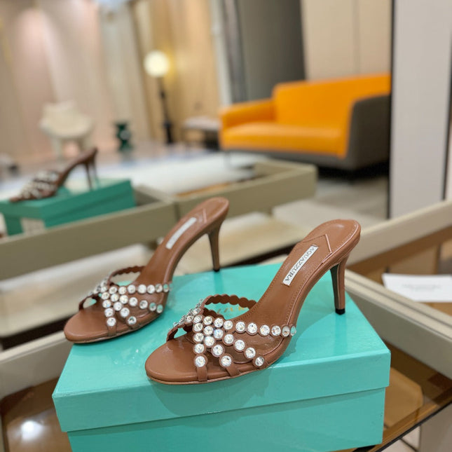 AQUAZZURA 26S TEQUILA HEELED SANDALS 85 MM IN BROWN LAMBSKIN CRYSTAL EMBELLISHED