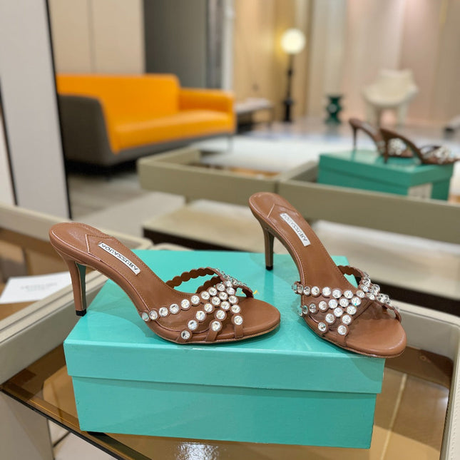 AQUAZZURA 26S TEQUILA HEELED SANDALS 85 MM IN BROWN LAMBSKIN CRYSTAL EMBELLISHED