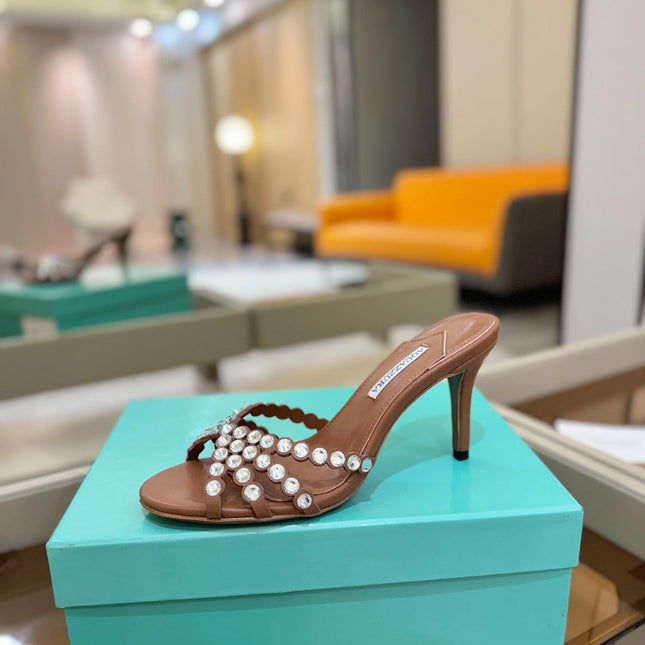 AQUAZZURA 26S TEQUILA HEELED SANDALS 85 MM IN BROWN LAMBSKIN CRYSTAL EMBELLISHED