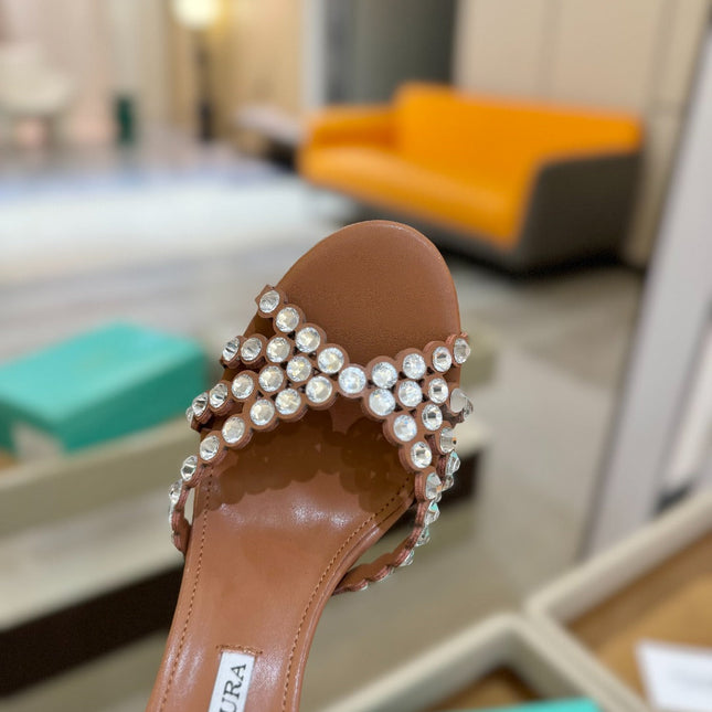 AQUAZZURA 26S TEQUILA HEELED SANDALS 85 MM IN BROWN LAMBSKIN CRYSTAL EMBELLISHED