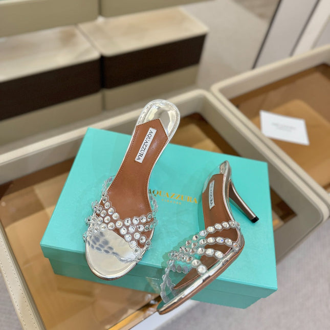 AQUAZZURA 26S TEQUILA HEELED SANDALS 85 MM IN SILVER LAMBSKIN CRYSTAL EMBELLISHED