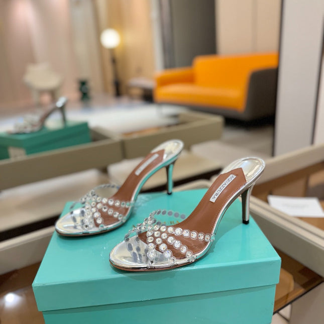 AQUAZZURA 26S TEQUILA HEELED SANDALS 85 MM IN SILVER LAMBSKIN CRYSTAL EMBELLISHED