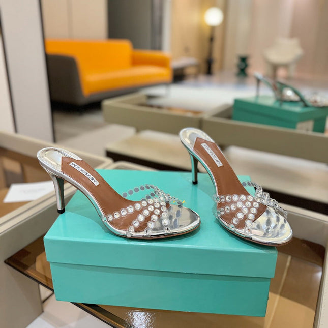 AQUAZZURA 26S TEQUILA HEELED SANDALS 85 MM IN SILVER LAMBSKIN CRYSTAL EMBELLISHED