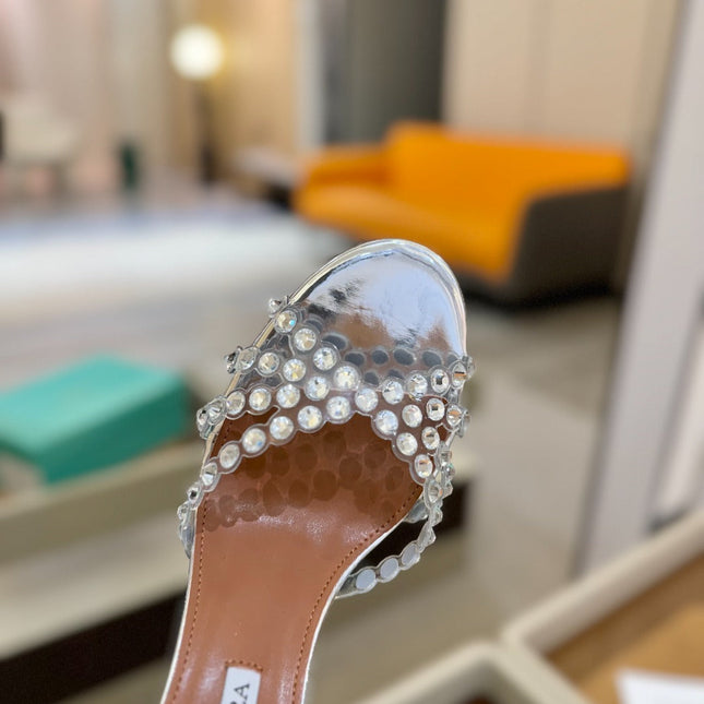 AQUAZZURA 26S TEQUILA HEELED SANDALS 85 MM IN SILVER LAMBSKIN CRYSTAL EMBELLISHED