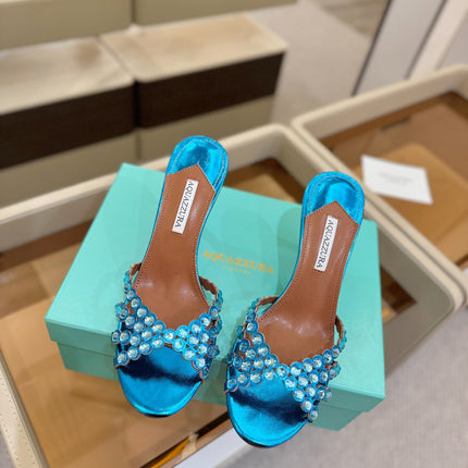 AQUAZZURA 26S TEQUILA HEELED SANDALS 85 MM IN METALLIC BLUE LAMBSKIN
