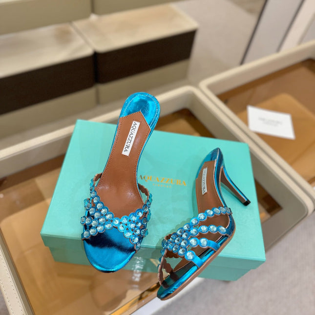 AQUAZZURA 26S TEQUILA HEELED SANDALS 85 MM IN METALLIC BLUE LAMBSKIN