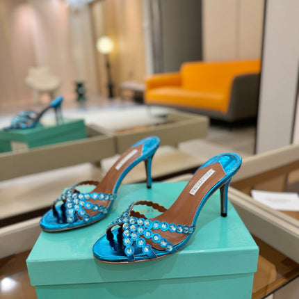 AQUAZZURA 26S TEQUILA HEELED SANDALS 85 MM IN METALLIC BLUE LAMBSKIN