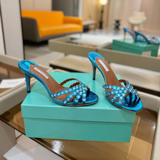 AQUAZZURA 26S TEQUILA HEELED SANDALS 85 MM IN METALLIC BLUE LAMBSKIN