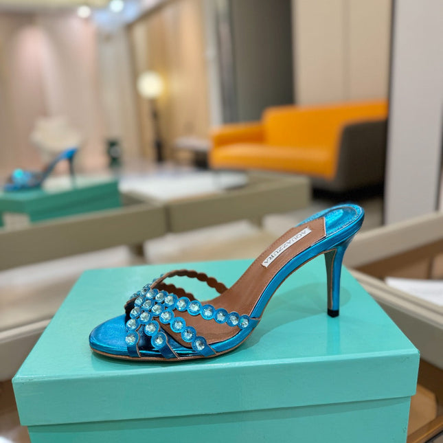 AQUAZZURA 26S TEQUILA HEELED SANDALS 85 MM IN METALLIC BLUE LAMBSKIN