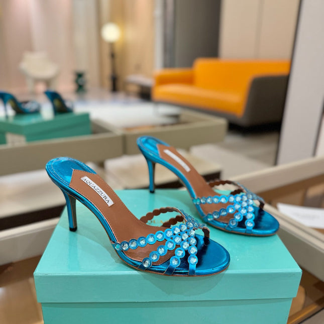 AQUAZZURA 26S TEQUILA HEELED SANDALS 85 MM IN METALLIC BLUE LAMBSKIN