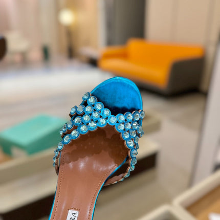AQUAZZURA 26S TEQUILA HEELED SANDALS 85 MM IN METALLIC BLUE LAMBSKIN