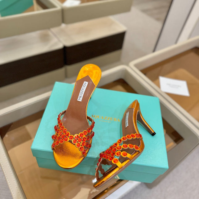 AQUAZZURA 26S TEQUILA HEELED SANDALS 85 MM IN METALLIC ORANGE LAMBSKIN