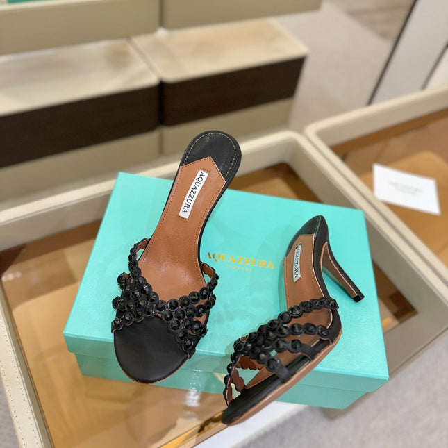 AQUAZZURA 26S TEQUILA HEELED SANDALS 85 MM IN BLACK LAMBSKIN