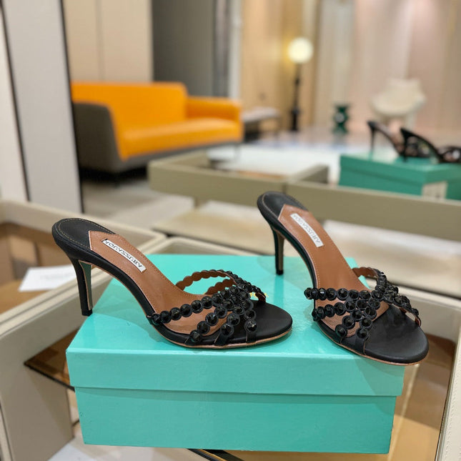 AQUAZZURA 26S TEQUILA HEELED SANDALS 85 MM IN BLACK LAMBSKIN