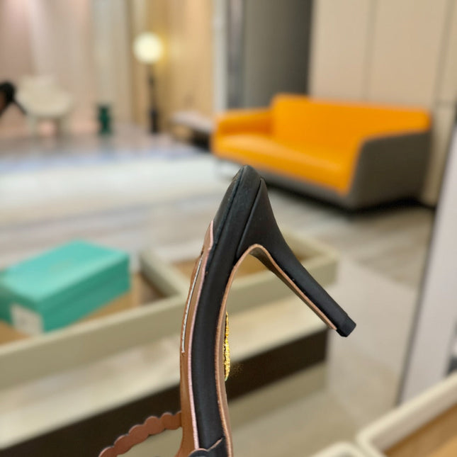 AQUAZZURA 26S TEQUILA HEELED SANDALS 85 MM IN BLACK LAMBSKIN
