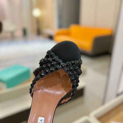 AQUAZZURA 26S TEQUILA HEELED SANDALS 85 MM IN BLACK LAMBSKIN