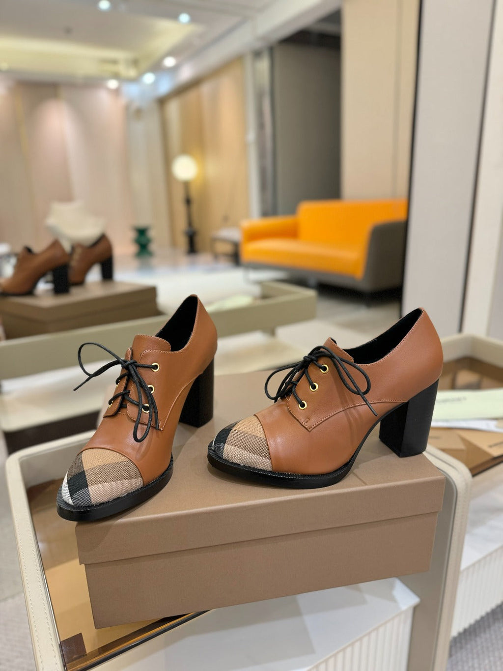 BURBERRY 26S LACE-UP HIGH HEELS 95 MM IN BROWN CALFSKIN
