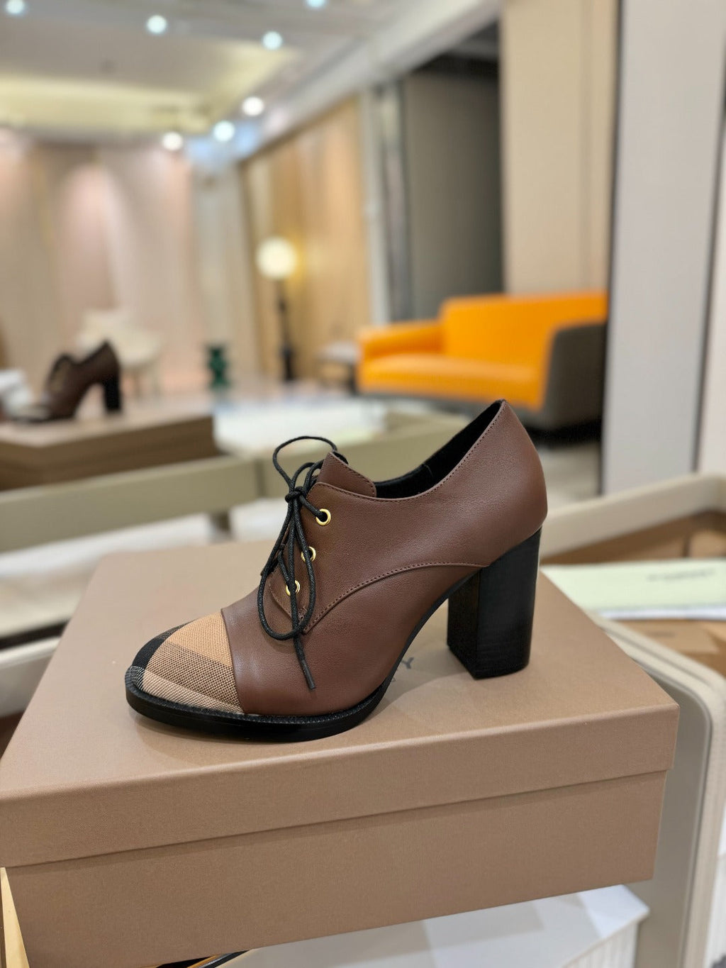 BURBERRY 26S LACE-UP HIGH HEELS 95 MM IN DARK BROWN CALFSKIN