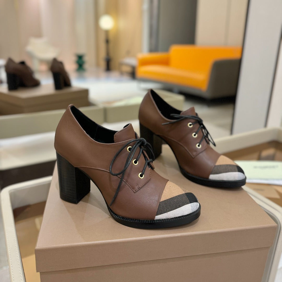 BURBERRY 26S LACE-UP HIGH HEELS 95 MM IN DARK BROWN CALFSKIN