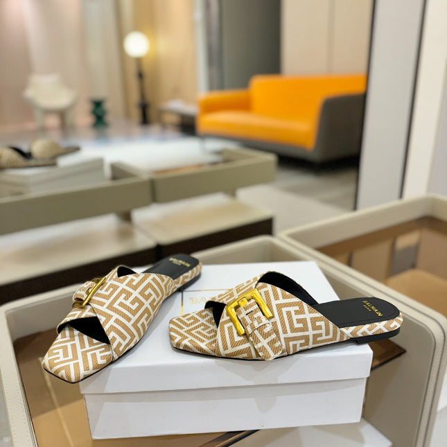 BALMAIN 26S SANDALS IN WARM BEIGE AND WHITE CANVAS