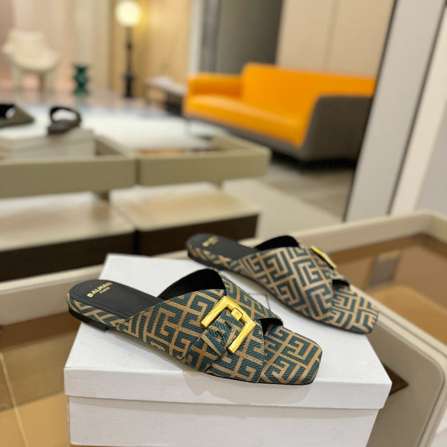 BALMAIN 26S SANDALS IN LIGHT BROWN AND TEAL GRAY CANVAS
