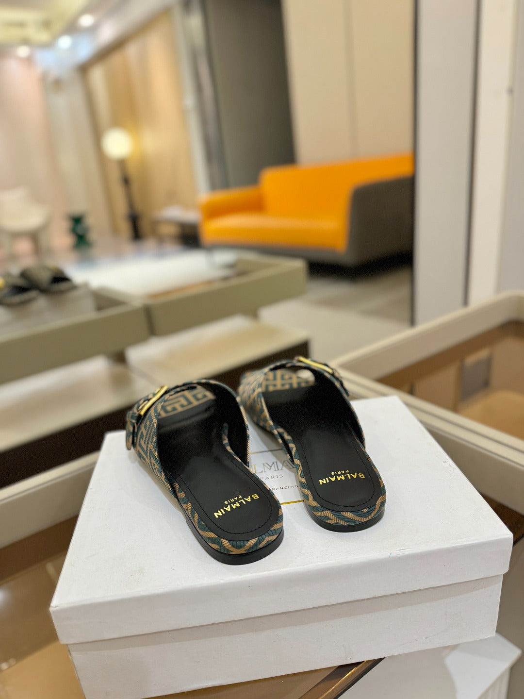 BALMAIN 26S SANDALS IN LIGHT BROWN AND TEAL GRAY CANVAS