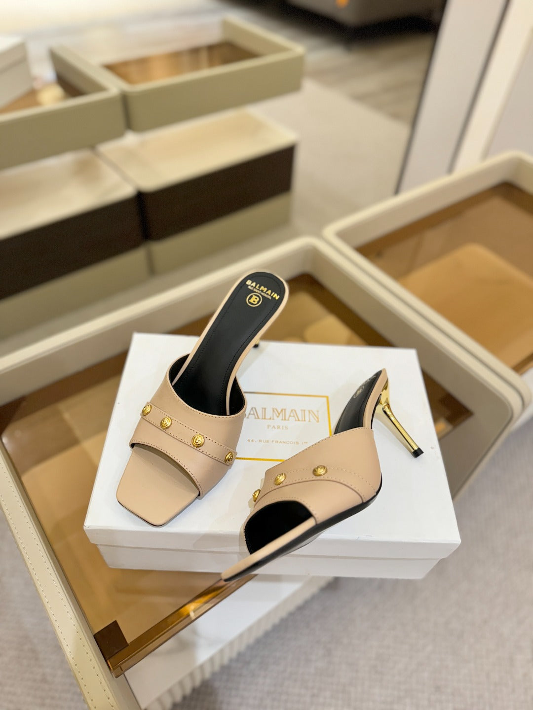 BALMAIN 26S HEELED SANDALS 70 MM IN BEIGE CALFSKIN