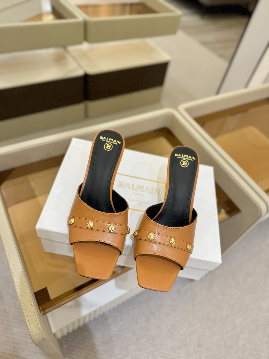 BALMAIN 26S HEELED SANDALS 70 MM IN BROWN CALFSKIN