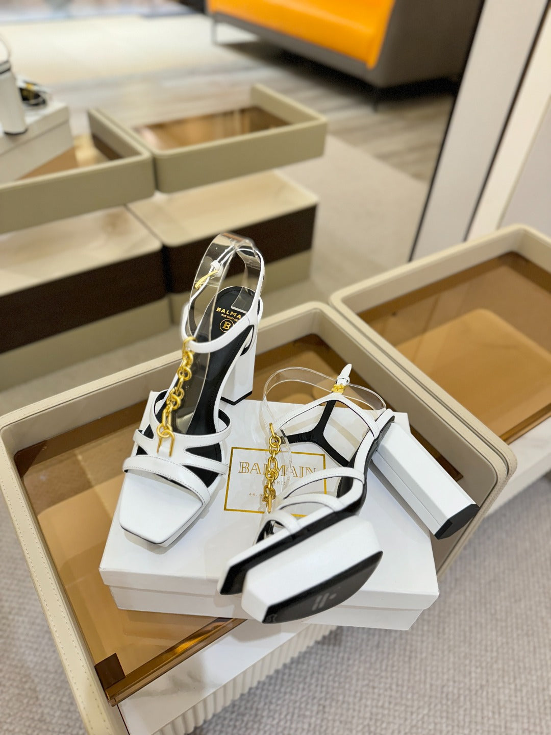 BALMAIN 26S HEELED SANDALS 105 MM IN WHITE LAMBSKIN