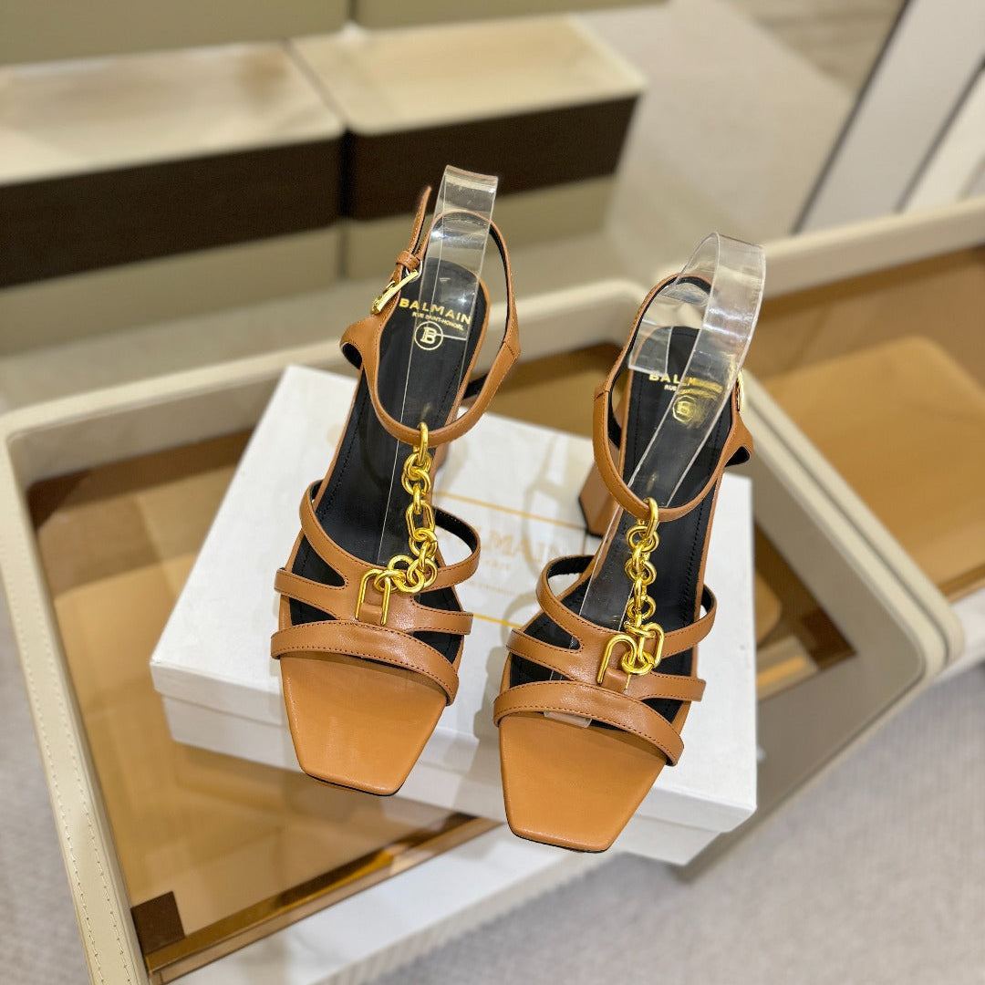 BALMAIN 26S HEELED SANDALS 105 MM IN BROWN LAMBSKIN