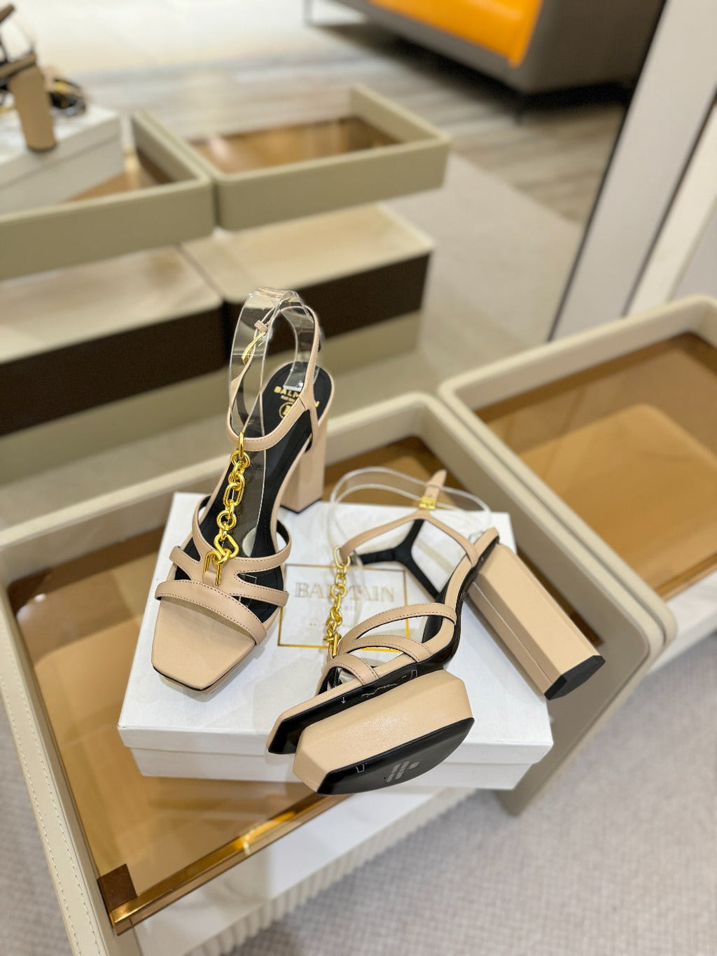BALMAIN 26S HEELED SANDALS 105 MM IN BEIGE LAMBSKIN