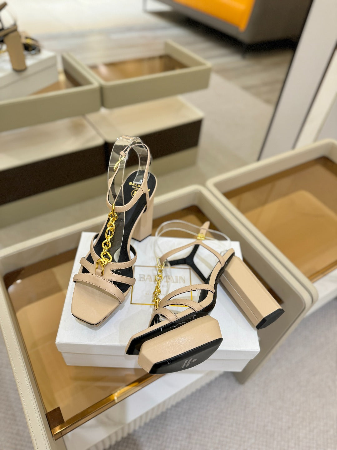 BALMAIN 26S HEELED SANDALS 105 MM IN BEIGE LAMBSKIN