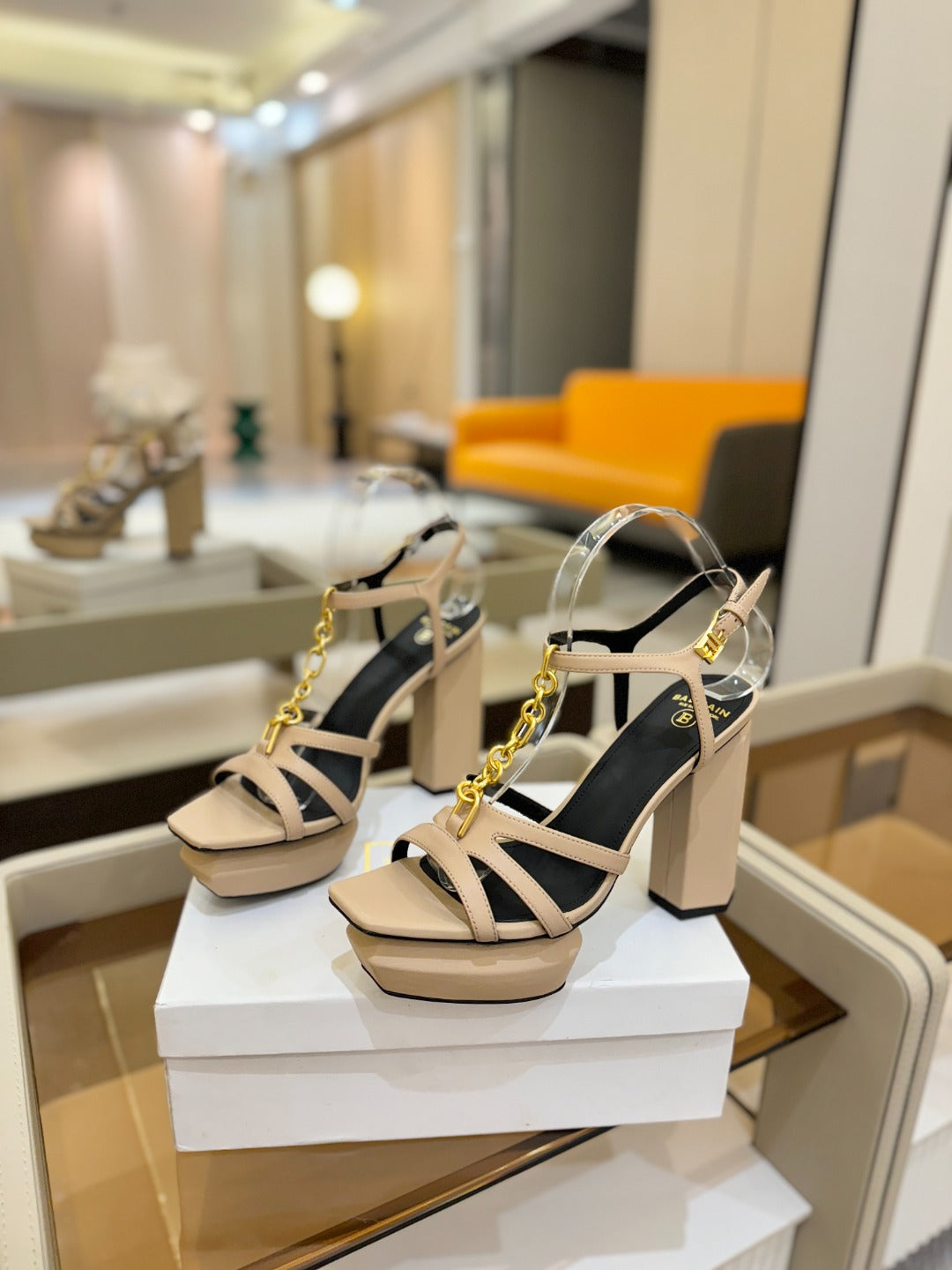 BALMAIN 26S HEELED SANDALS 105 MM IN BEIGE LAMBSKIN