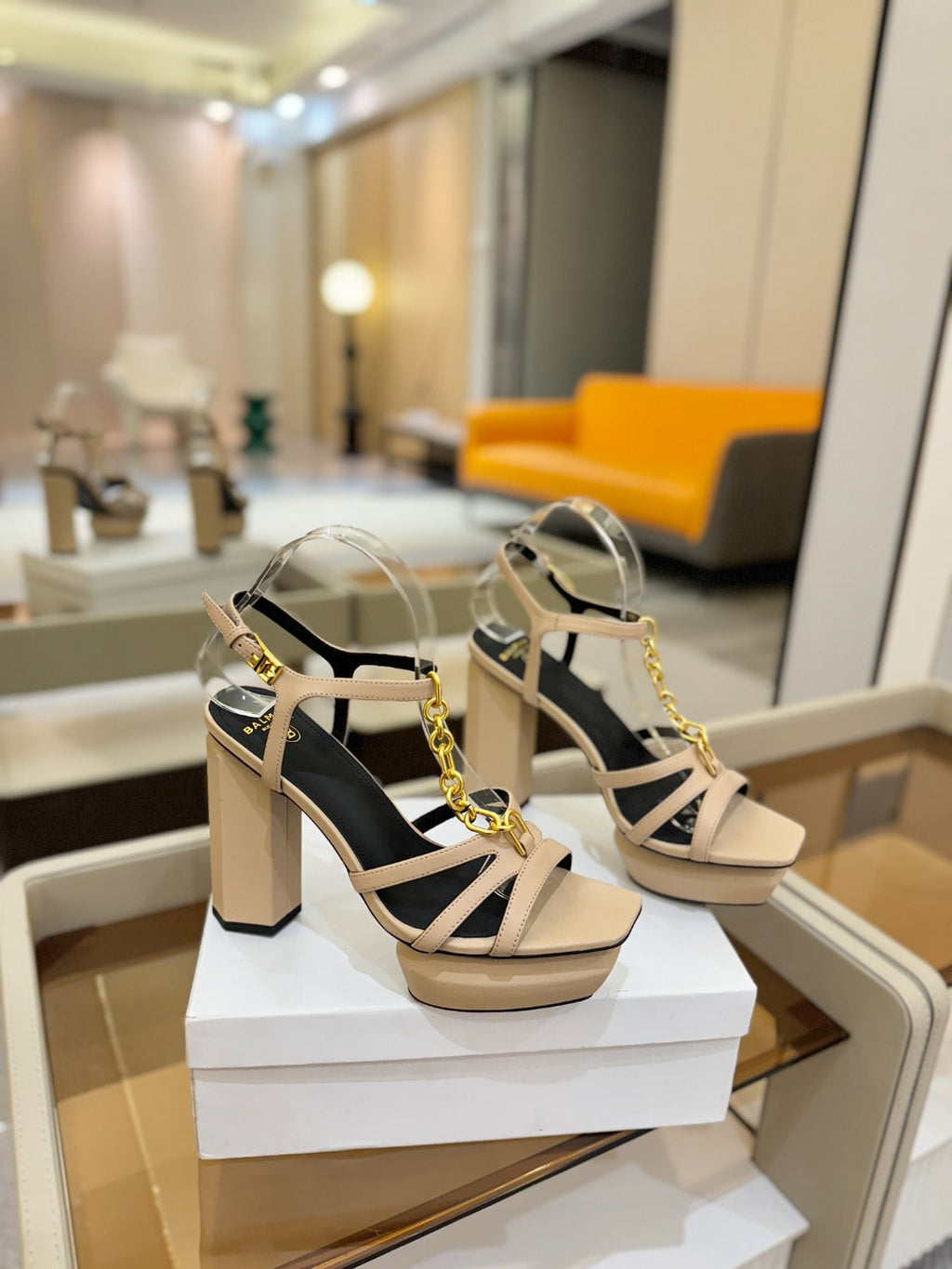 BALMAIN 26S HEELED SANDALS 105 MM IN BEIGE LAMBSKIN