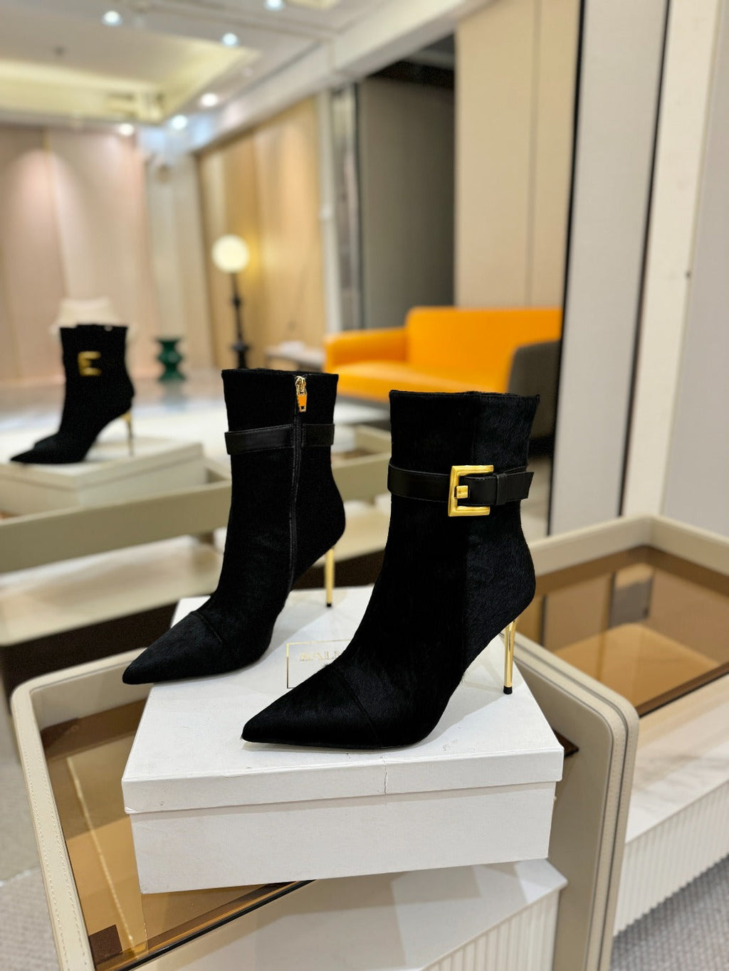 BALMAIN 26S BOOTS 95 MM IN BLACK PONY HAIR